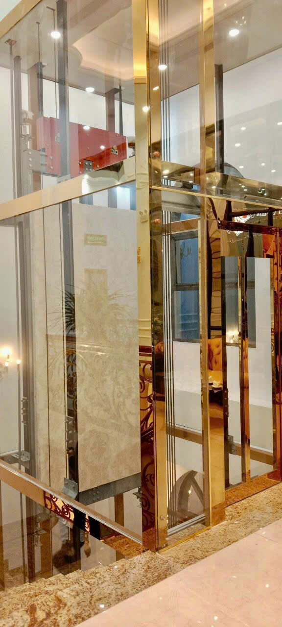 Thang máy gia đình khung kính và inox mạ vàng sang trọng trong không gian nội thất cao cấp